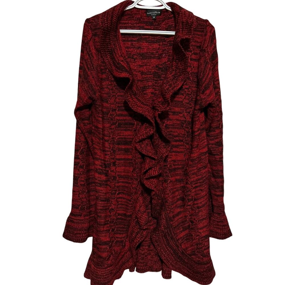 Brittany Black Women's Red Black Marbled Ruffled Long Sleeve Sweater‎ Size 2X